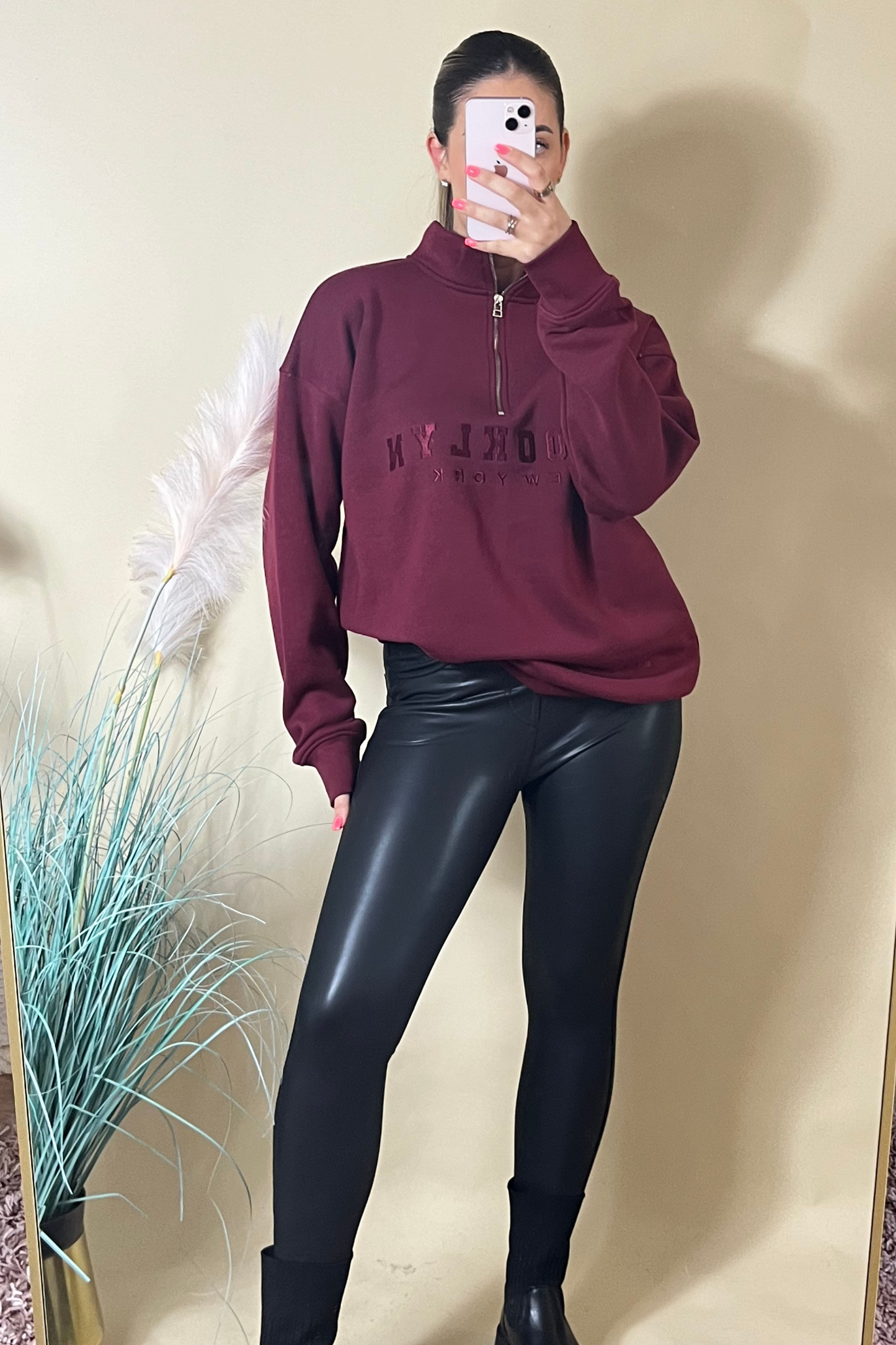 Burgundy Brooklyn half zip relaxed sweatshirt