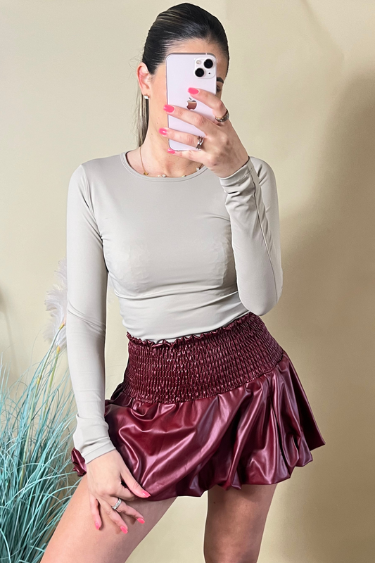 Burgundy leather-look puff skirt