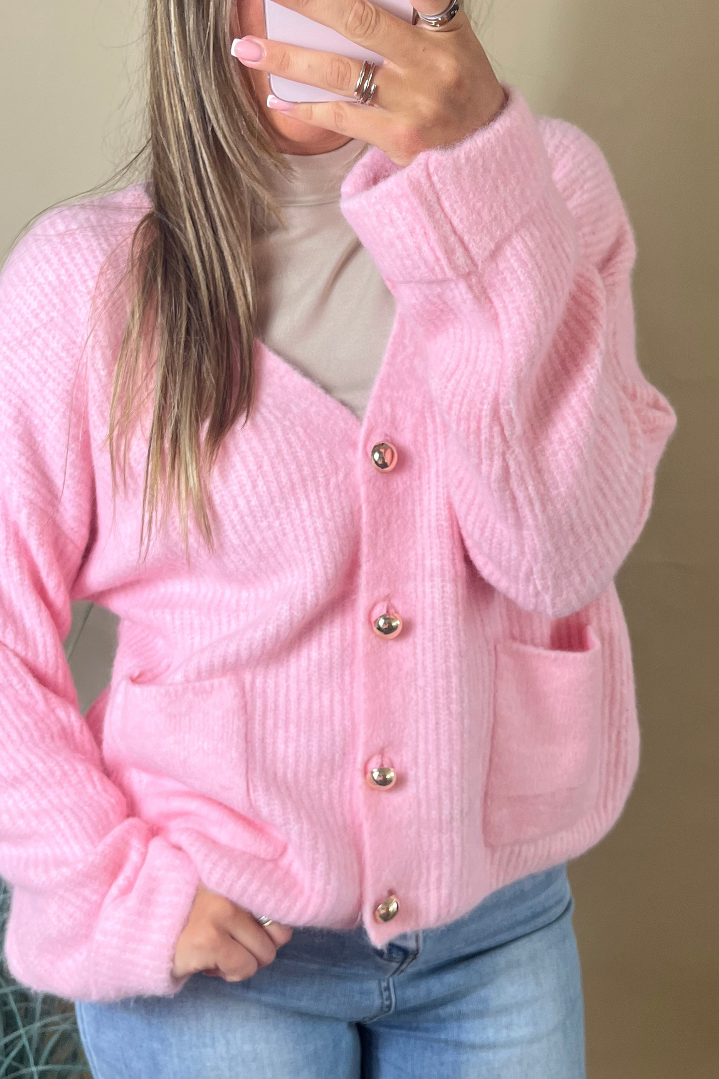 Pink elegant gold button cardigan