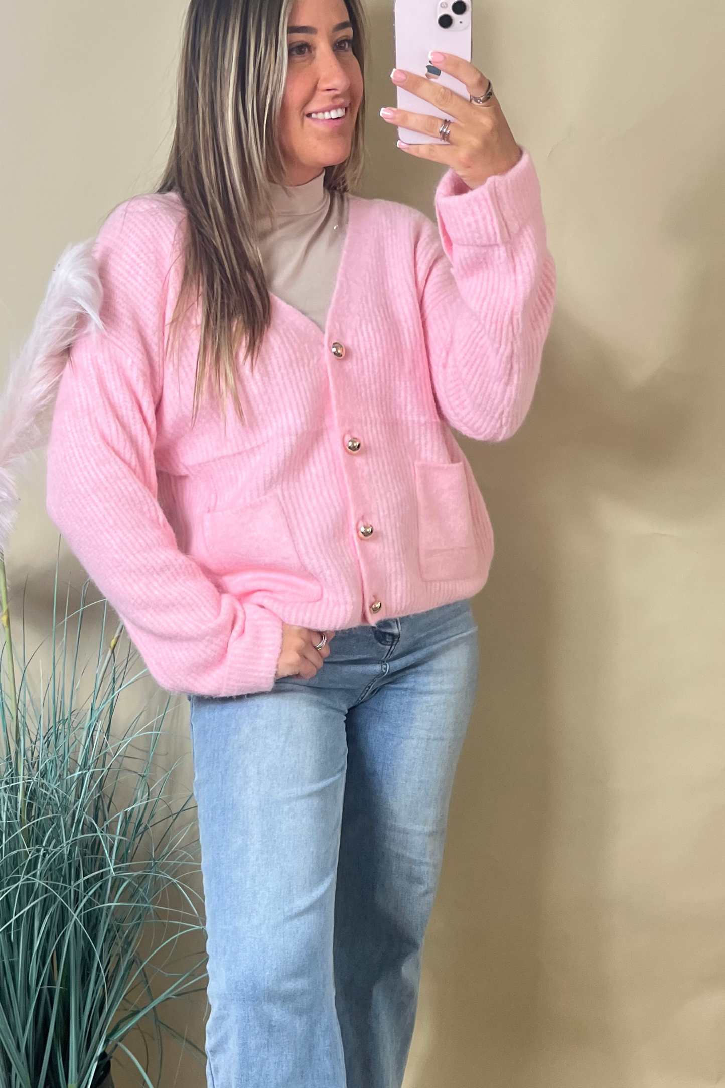 Pink elegant gold button cardigan