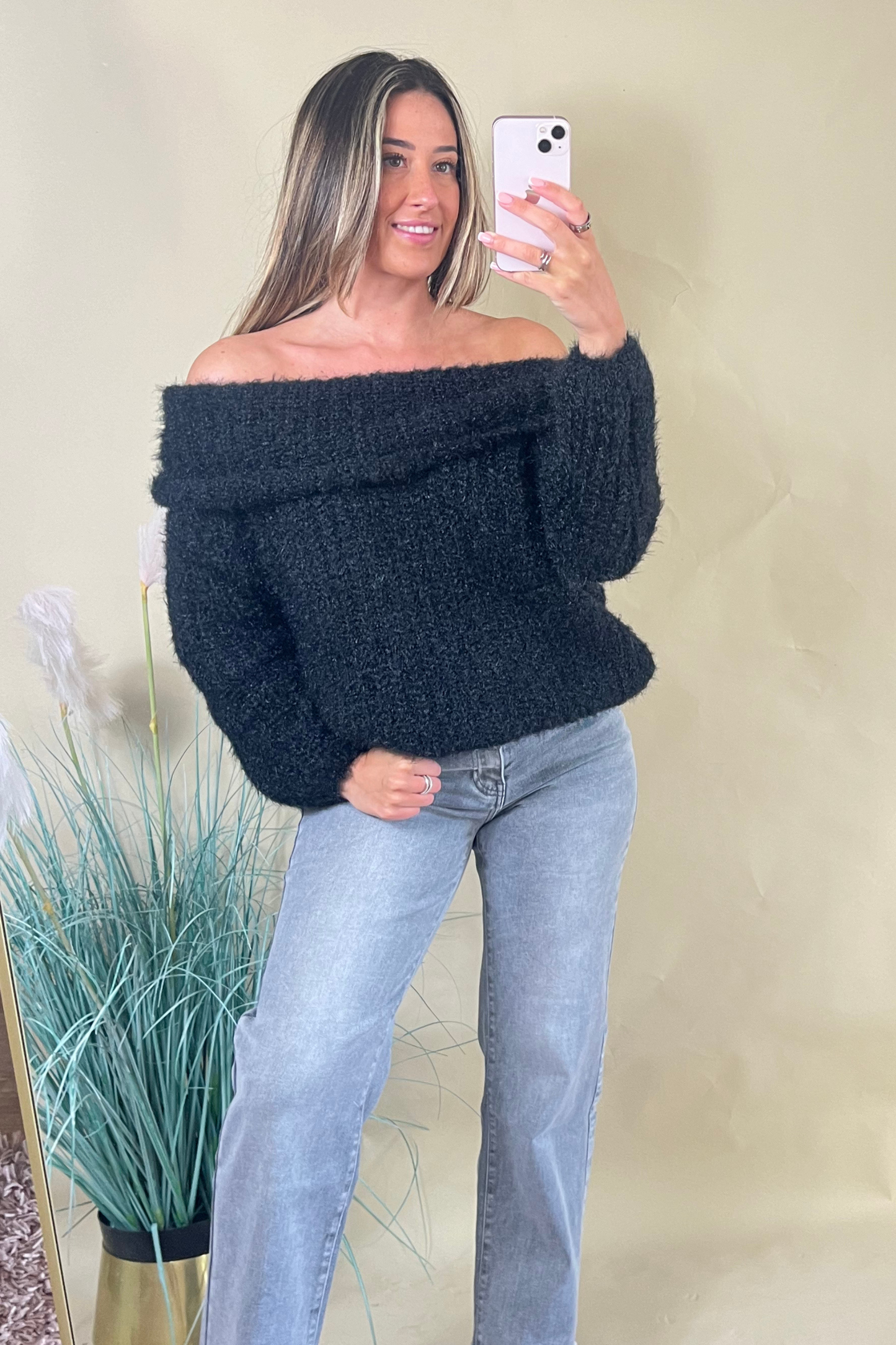 Black Bardot textured jumper