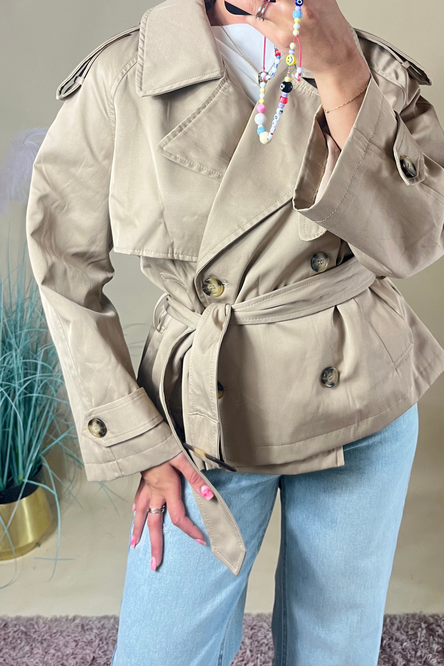 Beige cropped trench coat