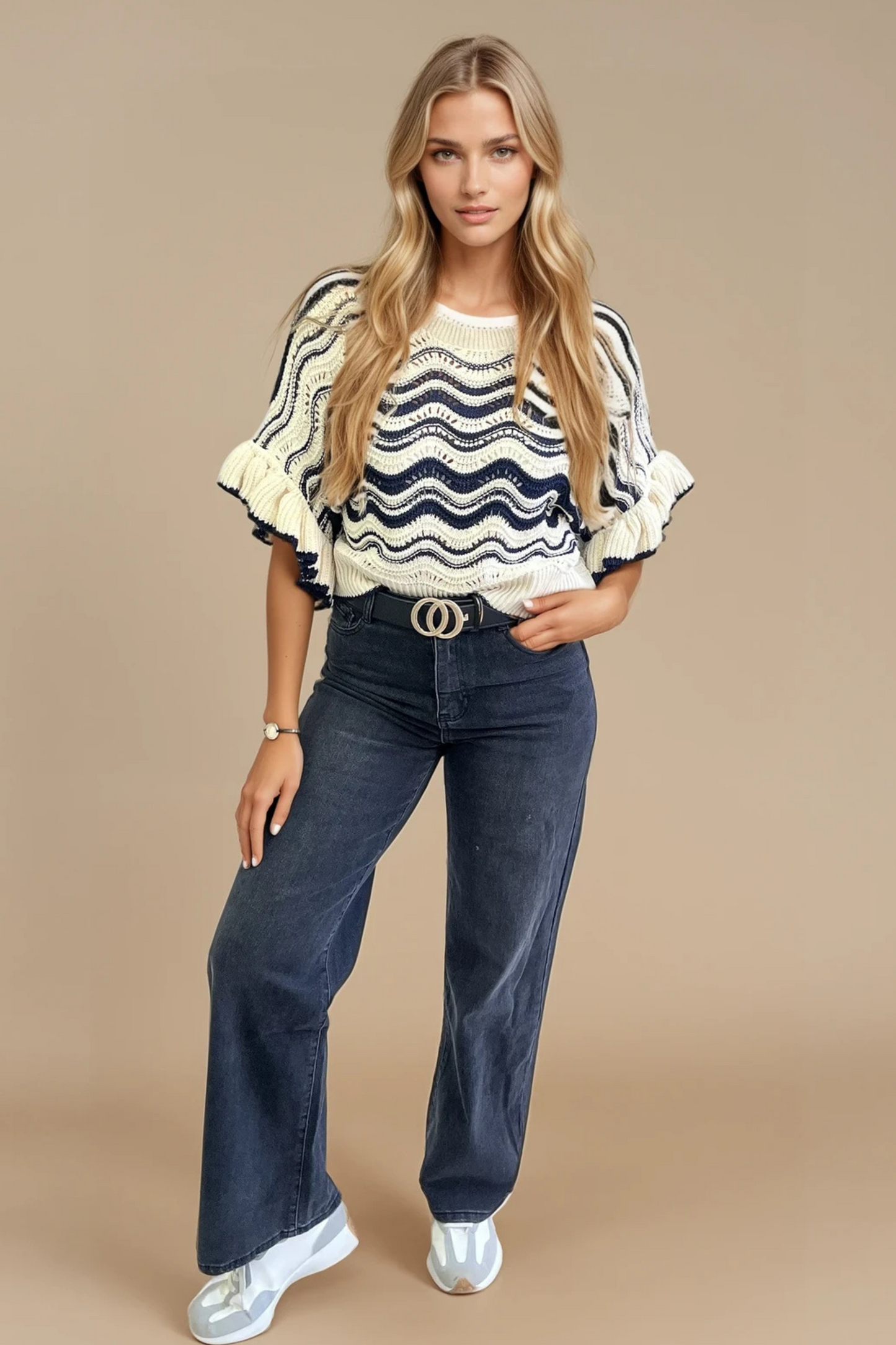 Cream & Navy Zig-Zag Knit Top