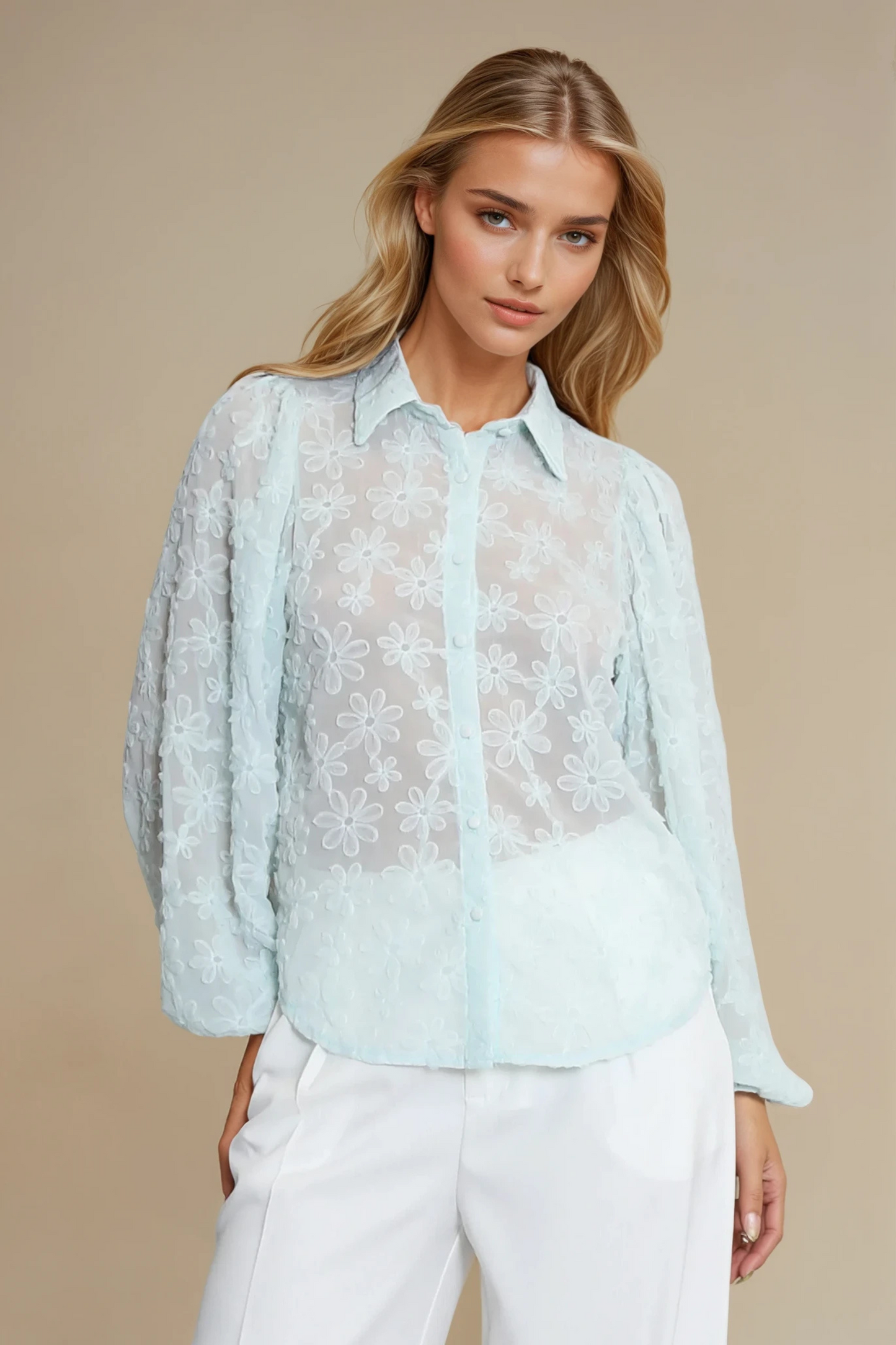 Blue Appliqued Floral Sheer Blouse