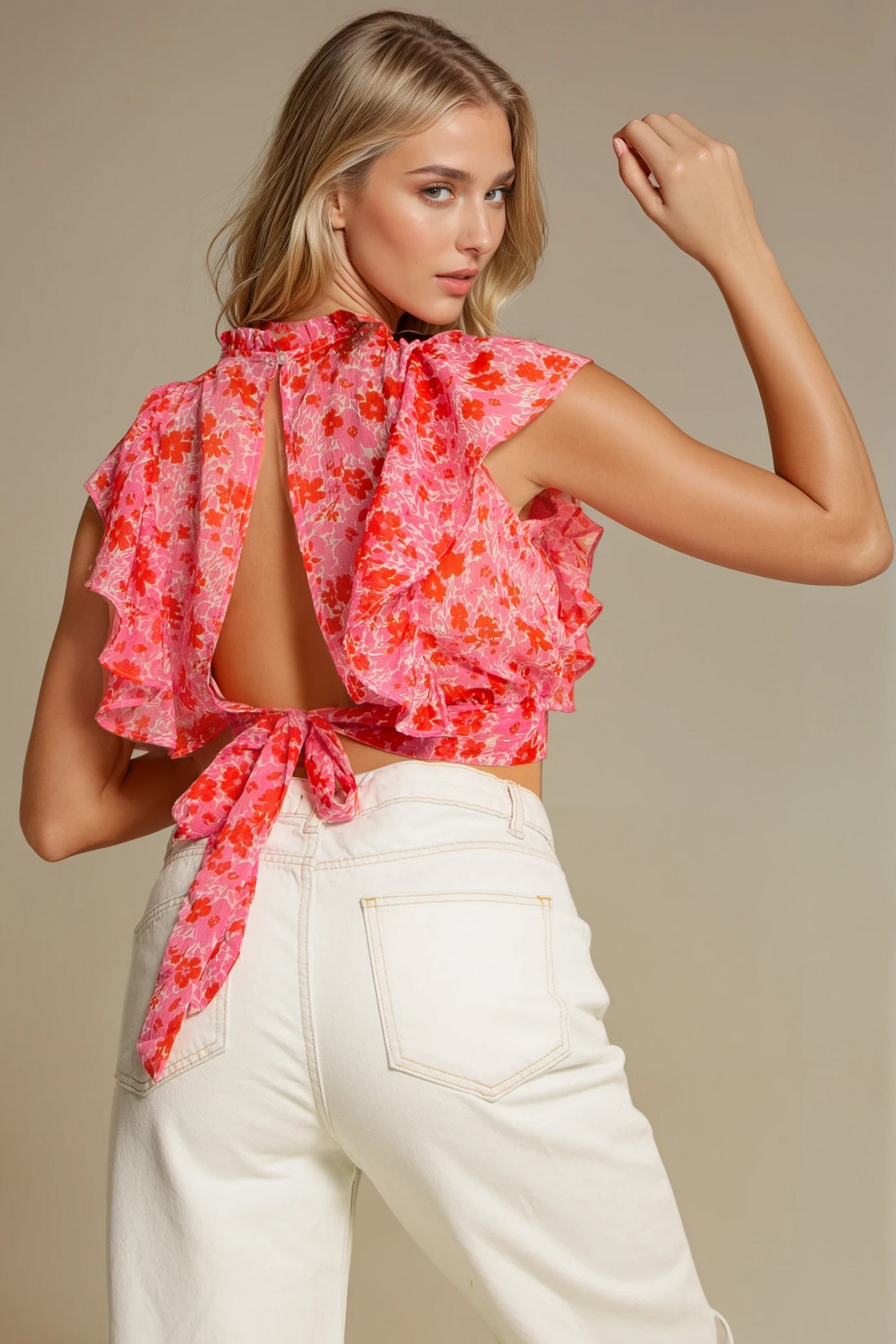 Floral Print Frilled High Neck Crop Top