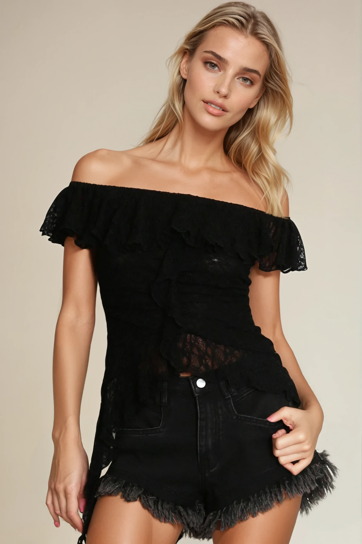 Black Lace Bardot Frill Top