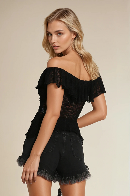 Black Lace Bardot Frill Top