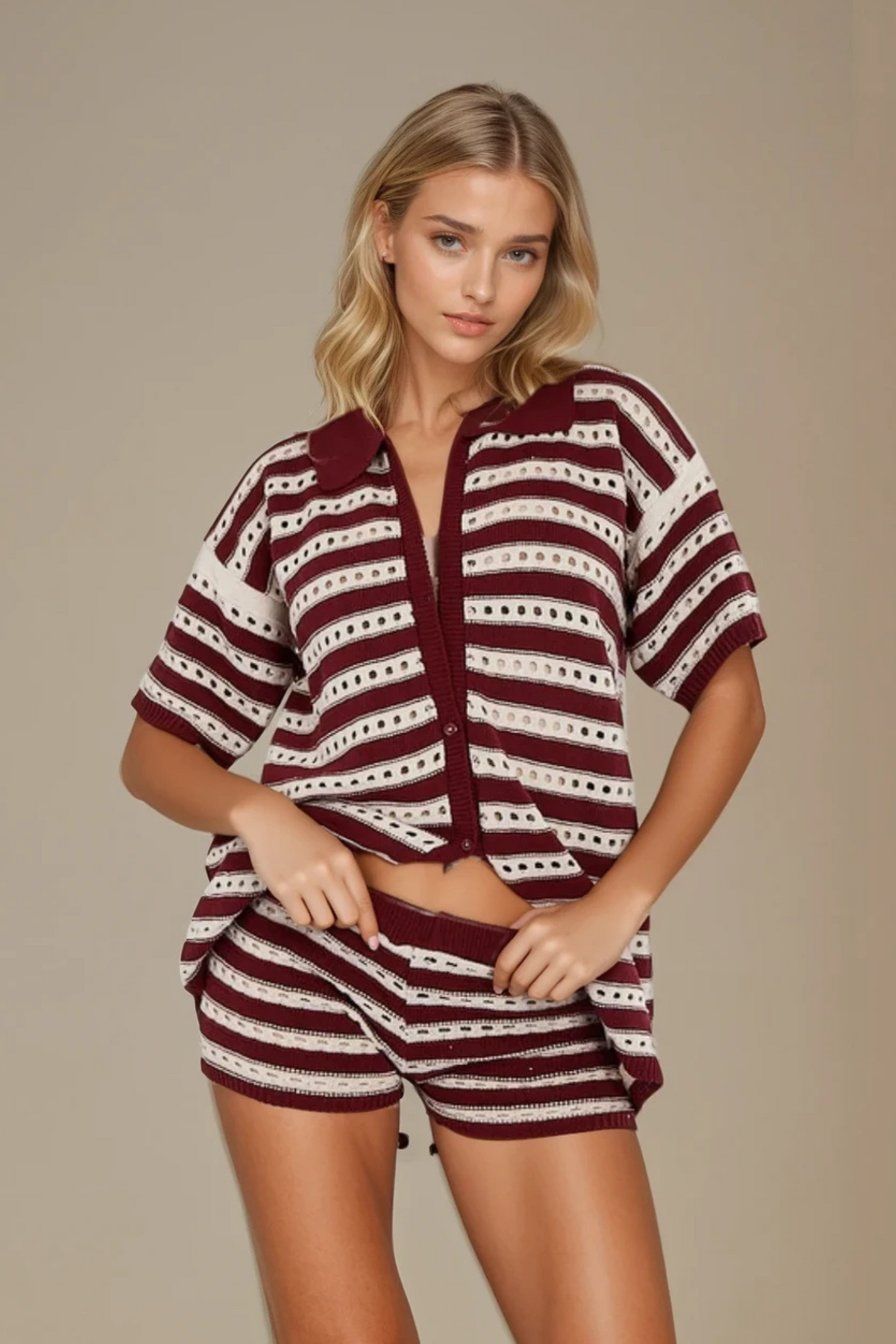 Burgundy Stripe 2-Piece shorts set
