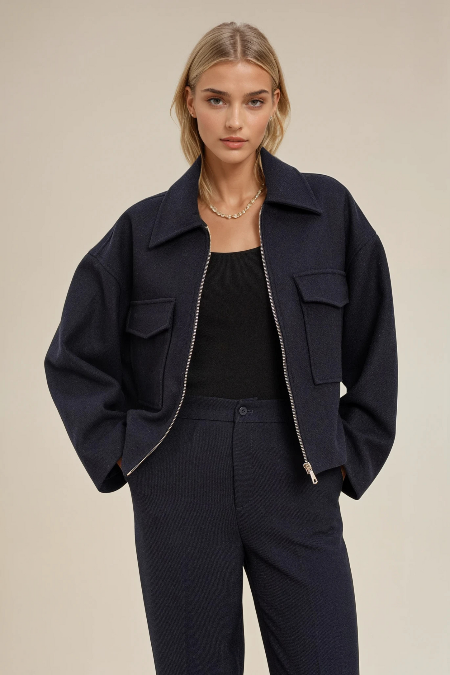 Navy Wool Patch Pocket Zipper Coat