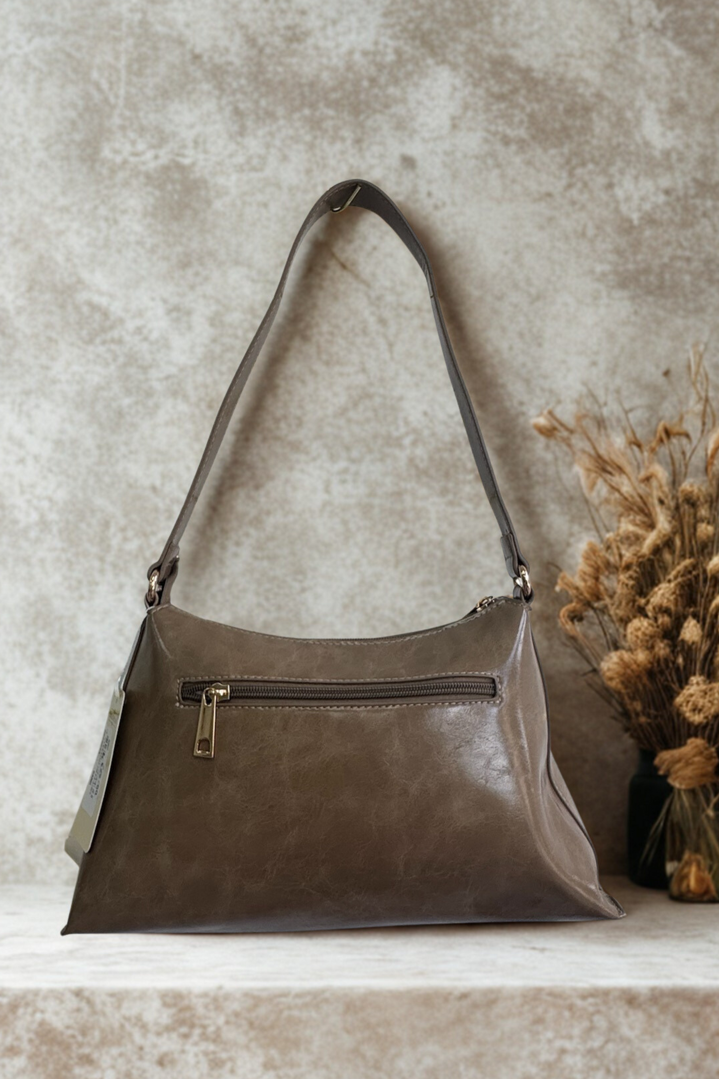 Shiny Rectangular Shoulder Bag – Black & Beige
