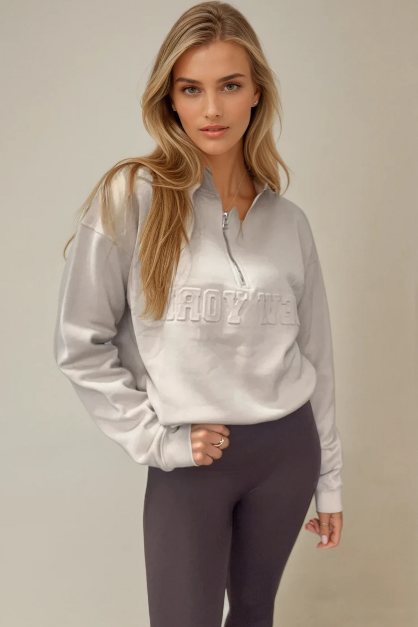 New York Beige Embossed Quarter Zip Sweatshirt