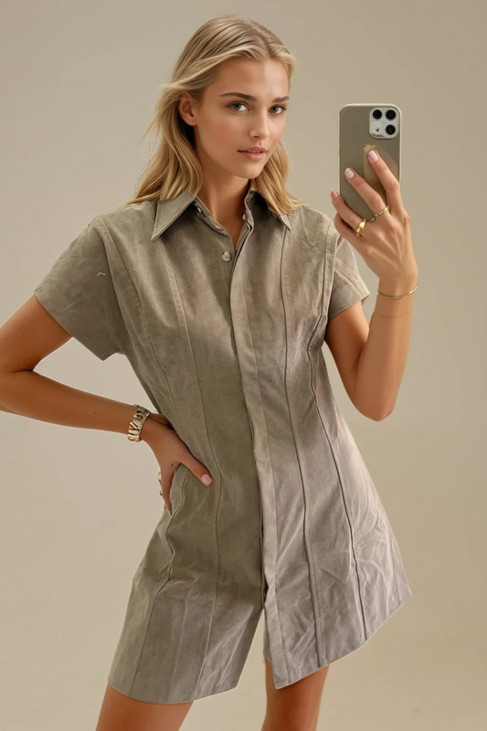 Beige Suede Pleated Shirt Dress