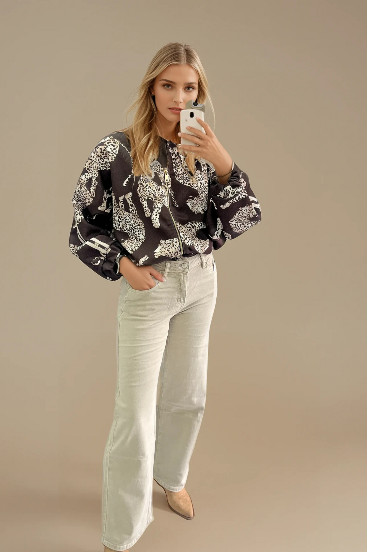 Beige Denim Wide Leg Jeans