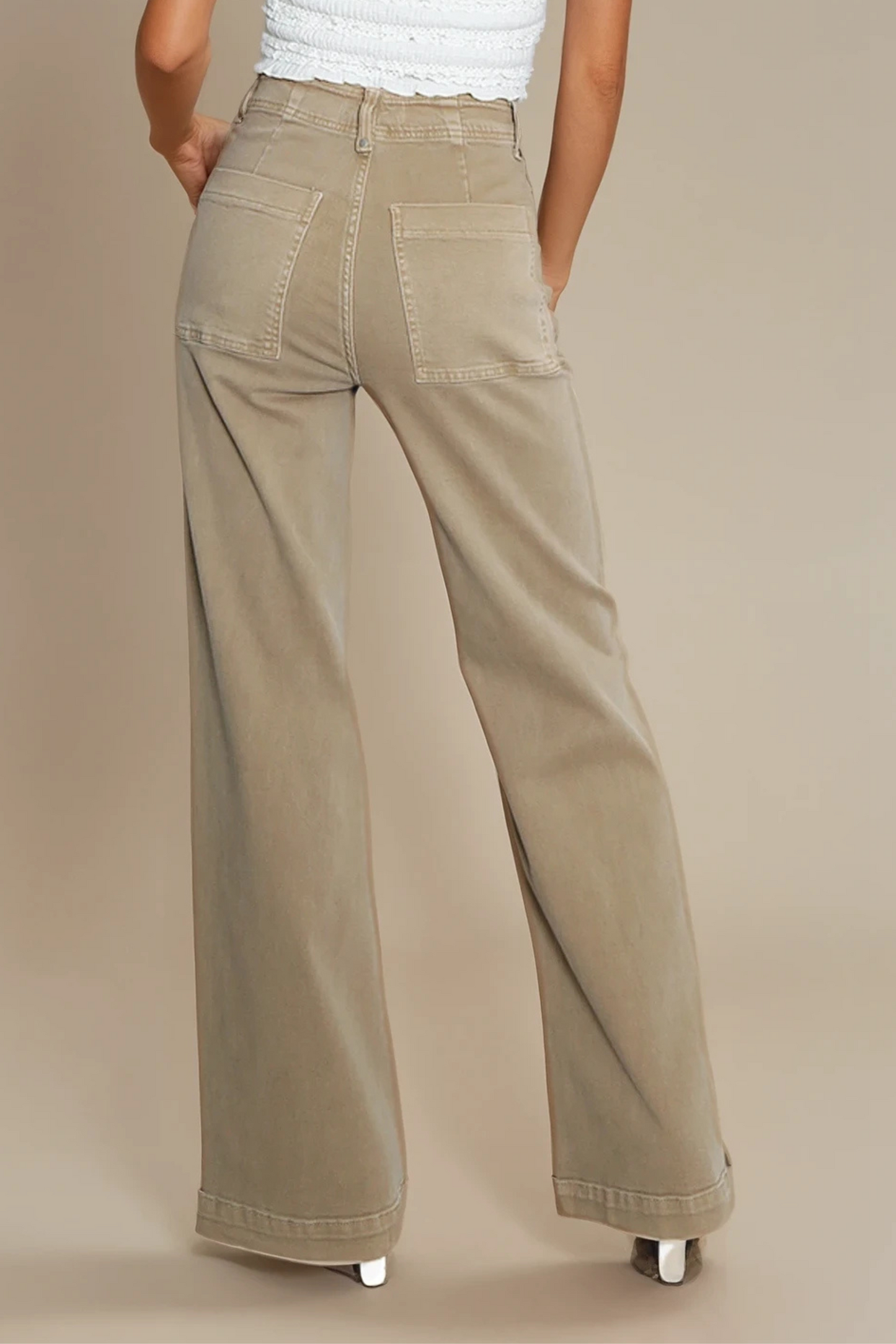 Beige Visible Seam Wide Leg Jeans