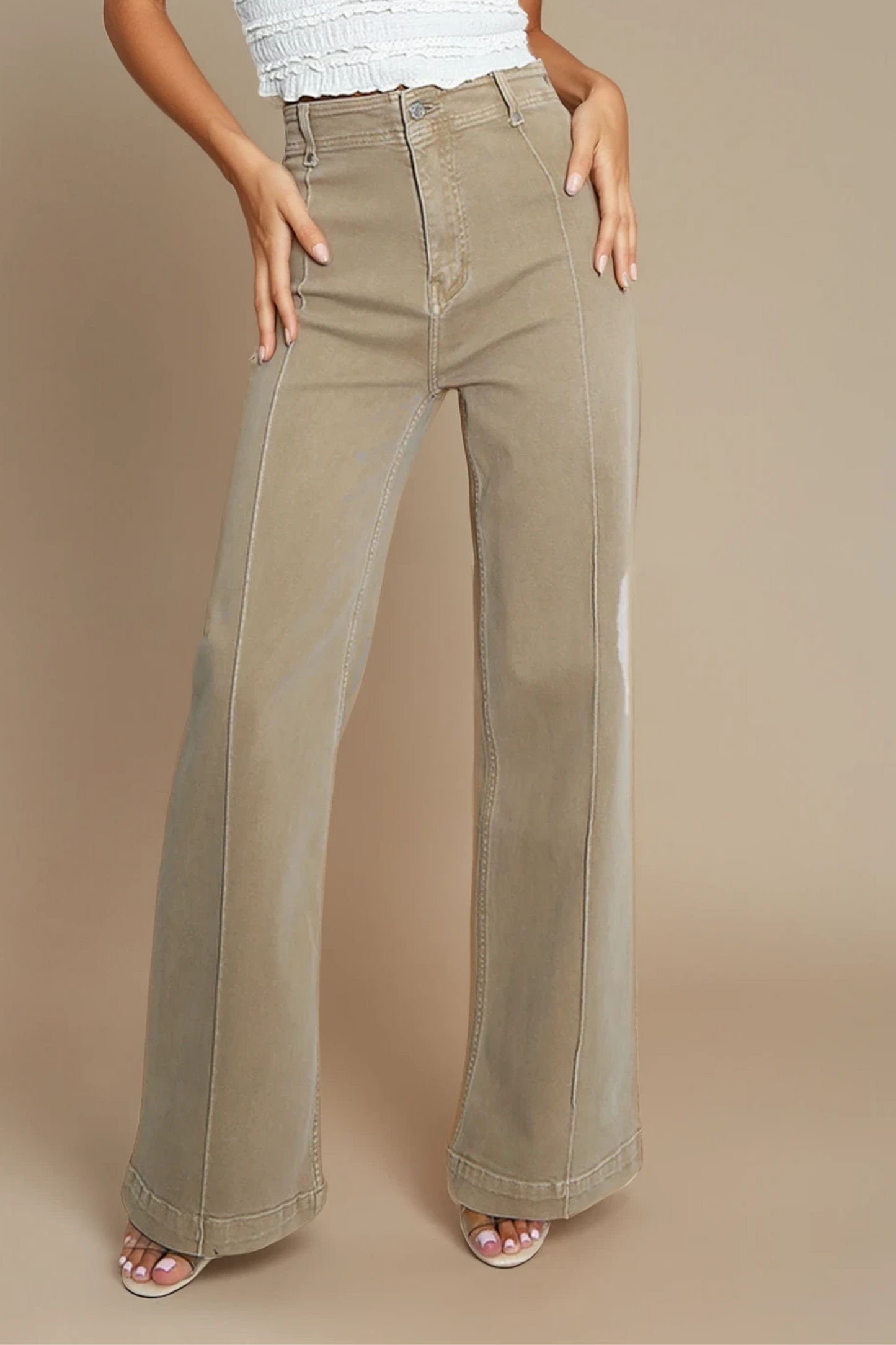Beige Visible Seam Wide Leg Jeans