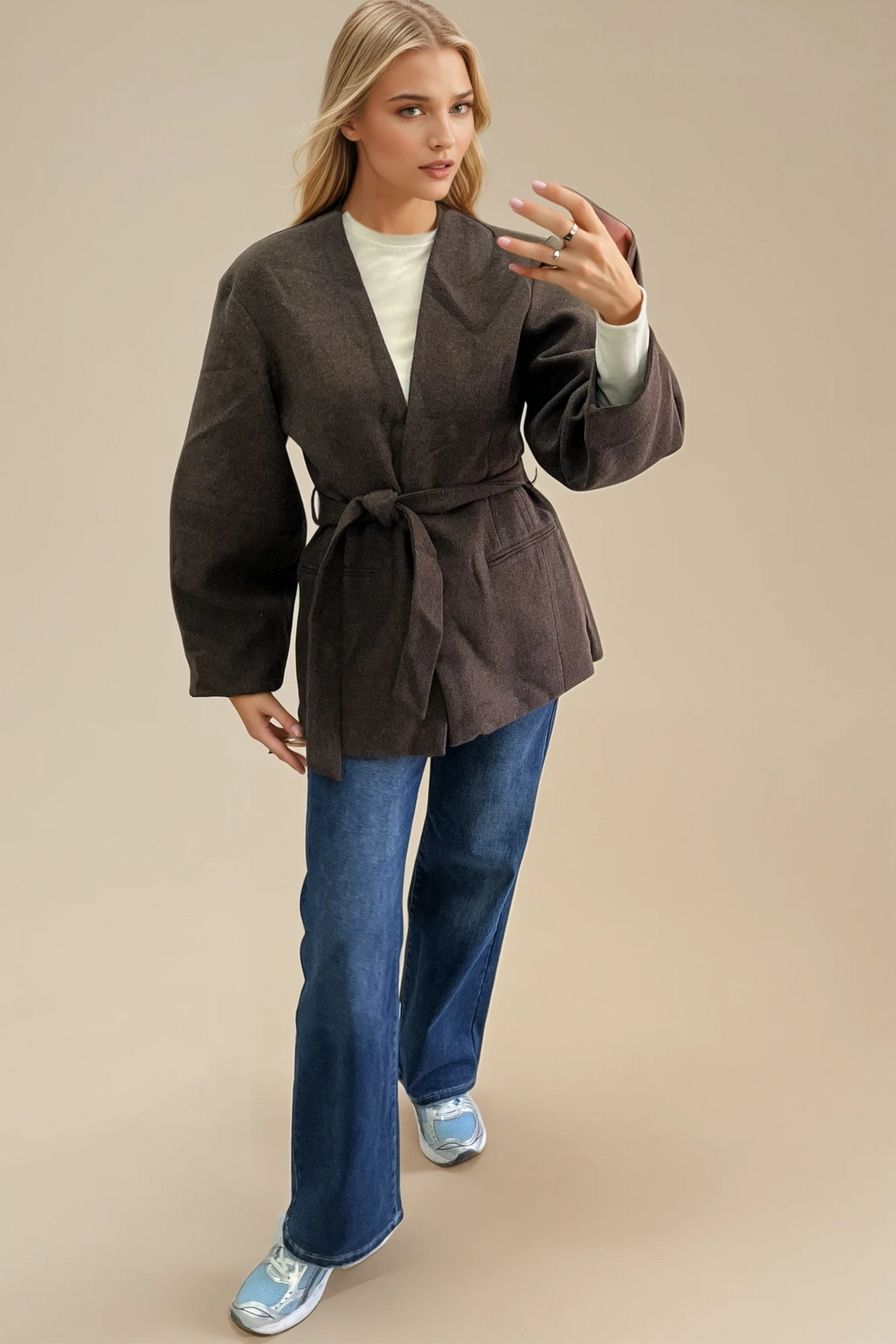 Belted Duster Jacket- Brown & beige