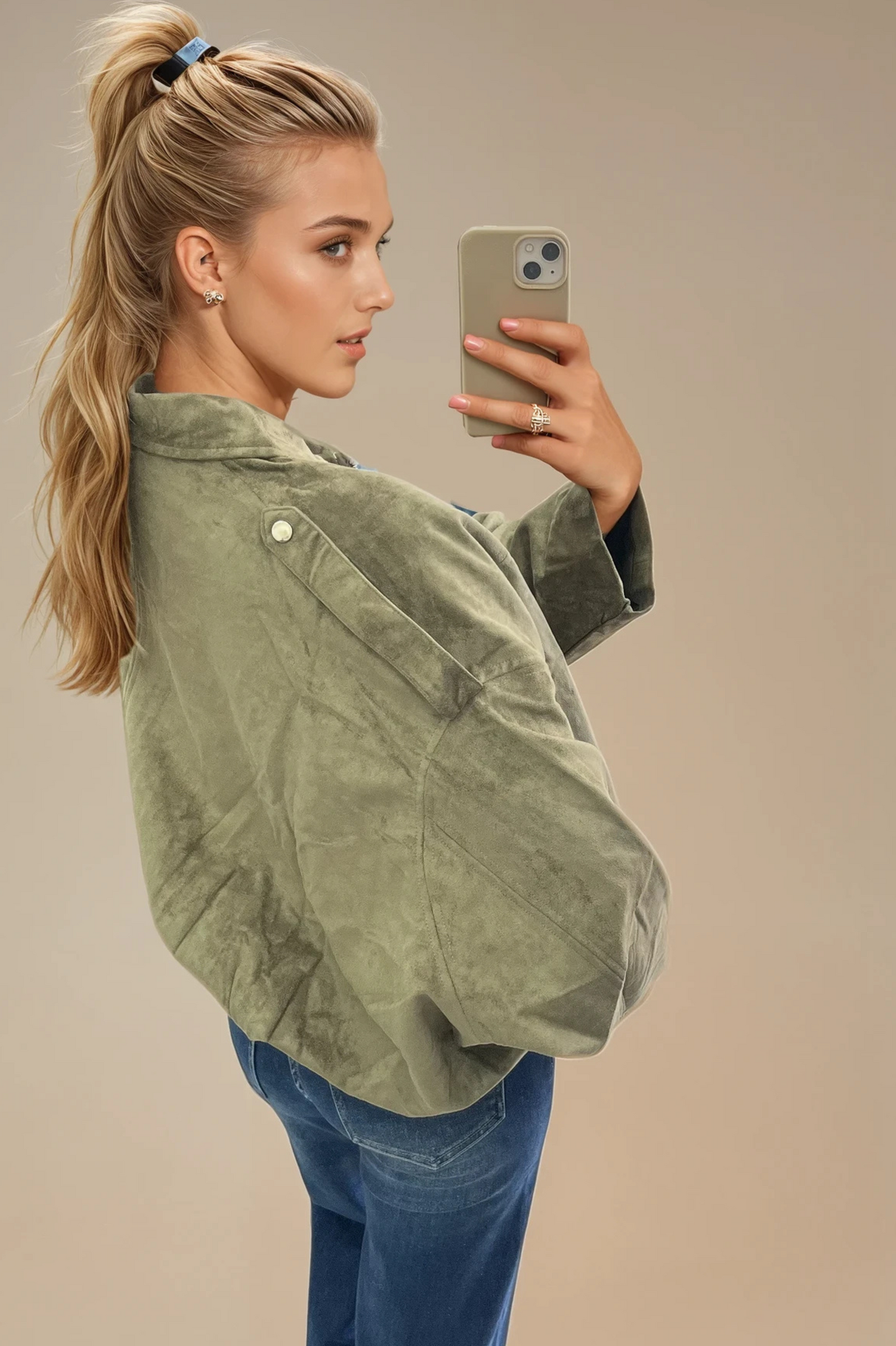 Khaki Oversized Faux Suede Jacket