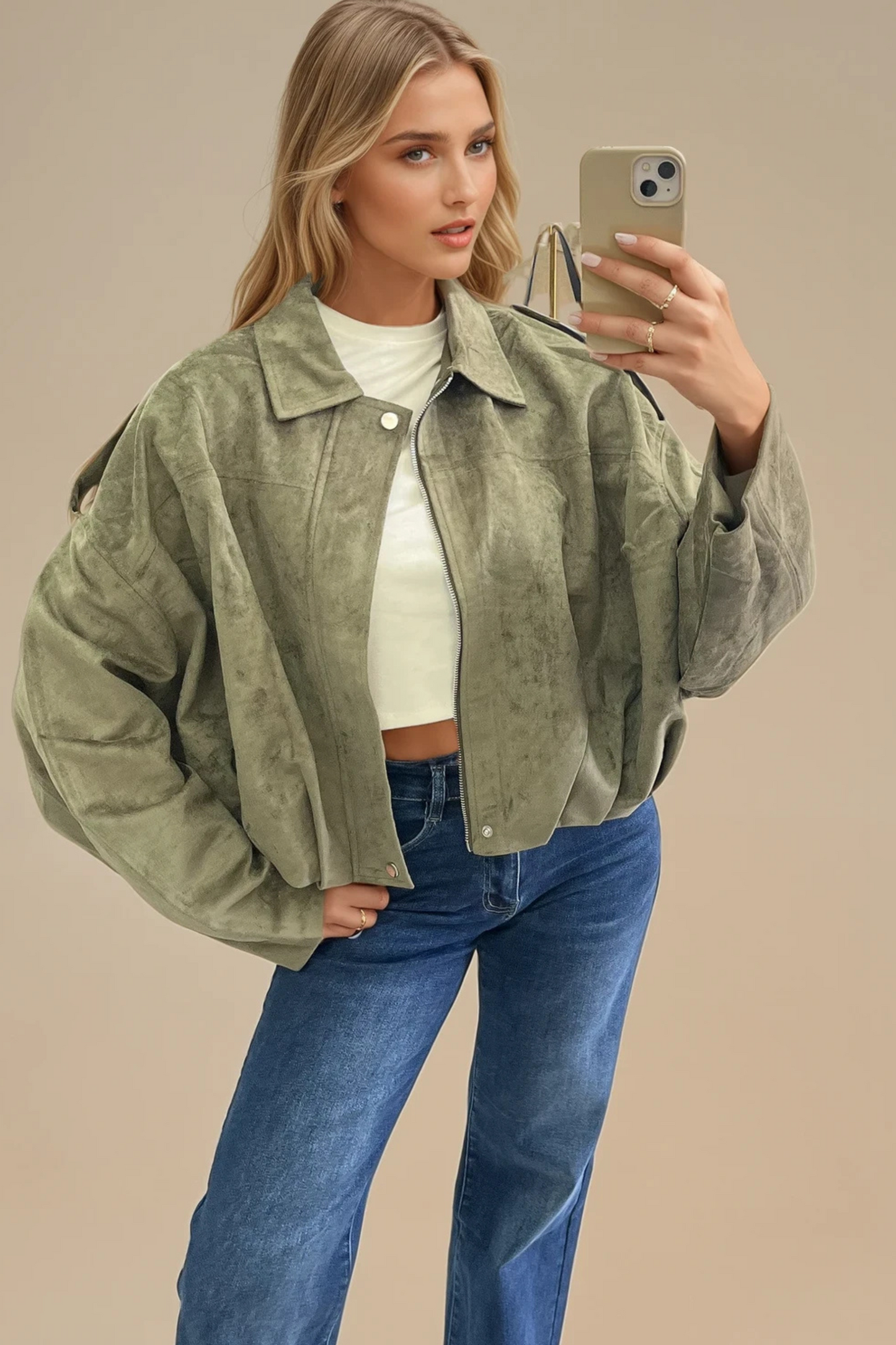 Khaki Oversized Faux Suede Jacket