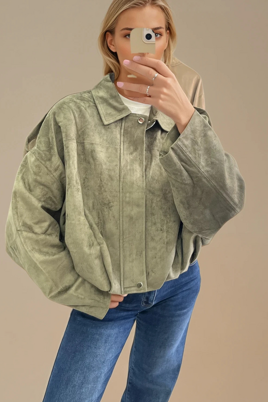 Khaki Oversized Faux Suede Jacket