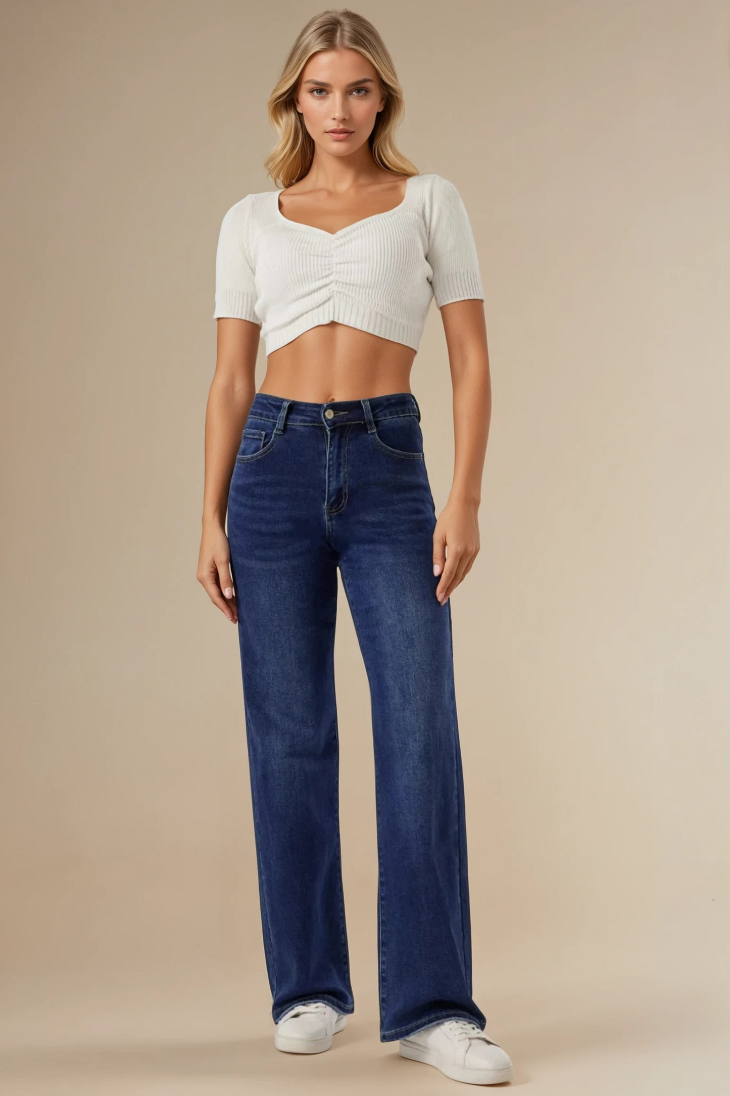 Denim Blue Wide Leg Stretch Jeans