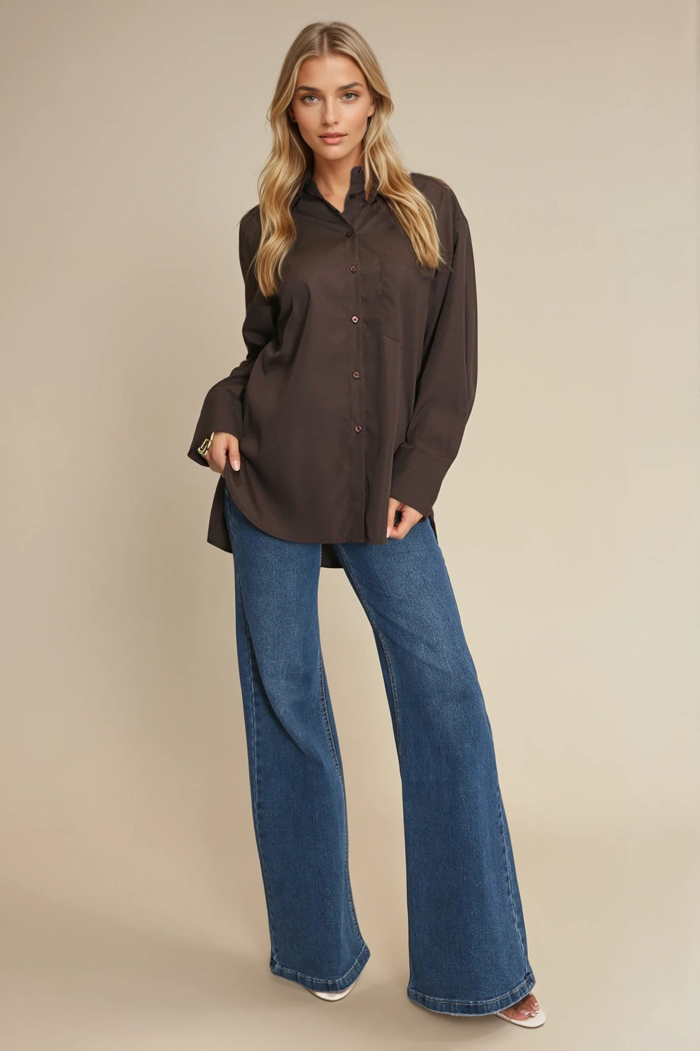 Brown Button-Up Plain Shirt