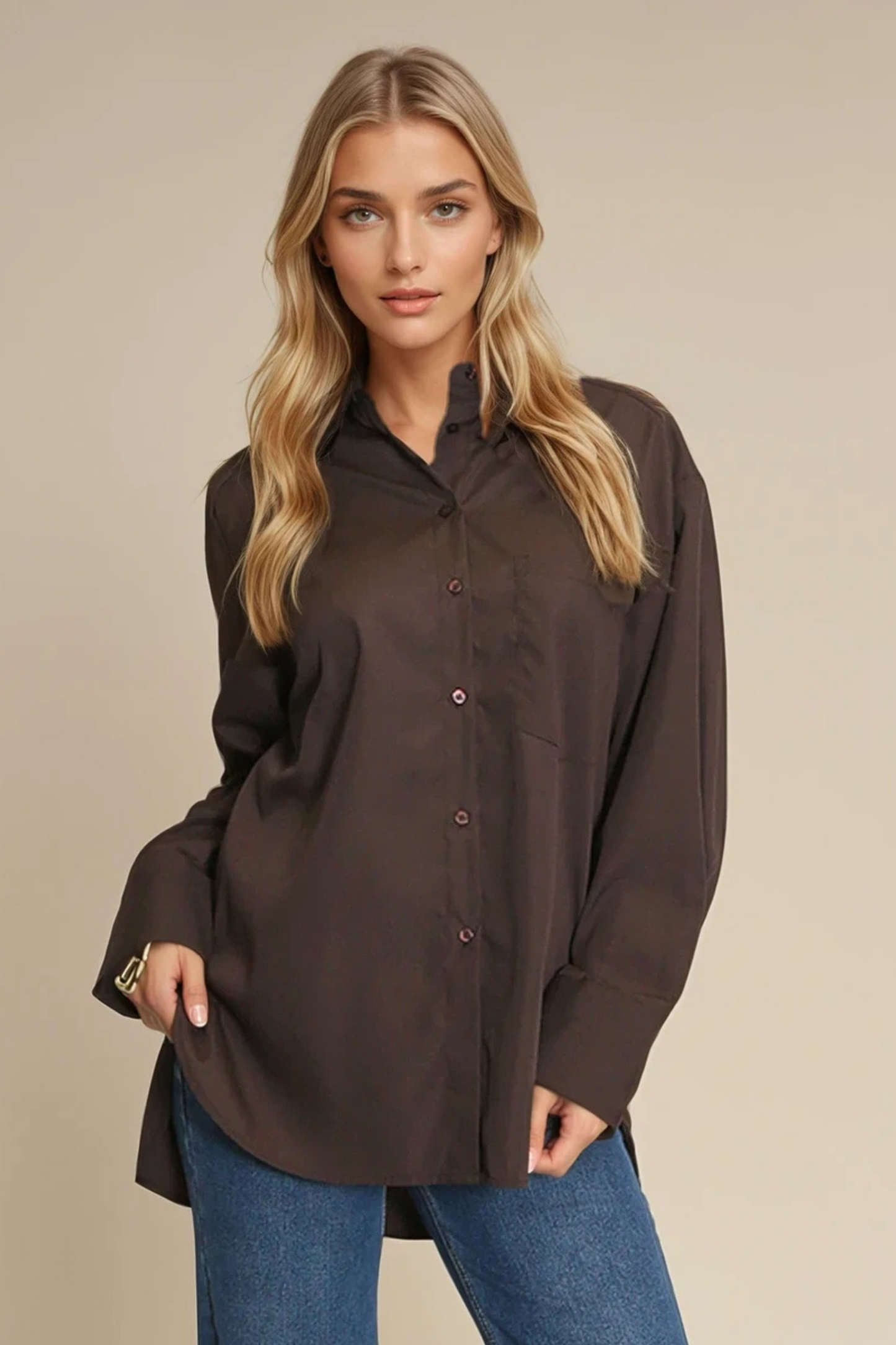 Brown Button-Up Plain Shirt