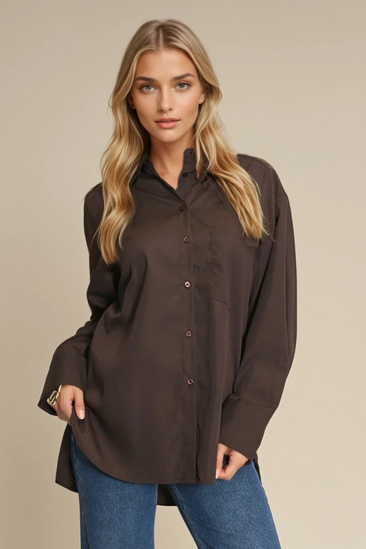Brown Button-Up Plain Shirt