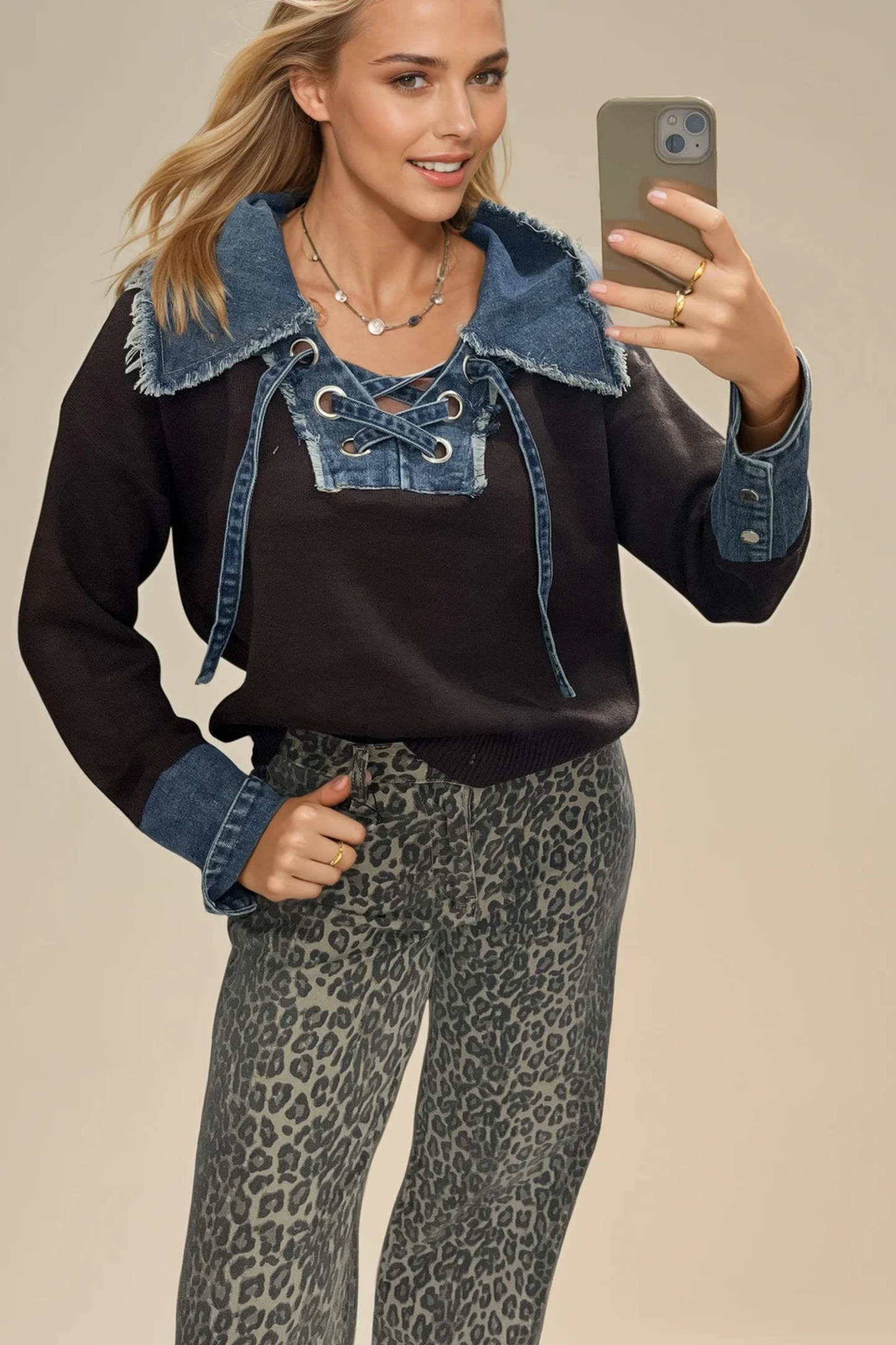 Brown Knit Denim Contrast Sweater