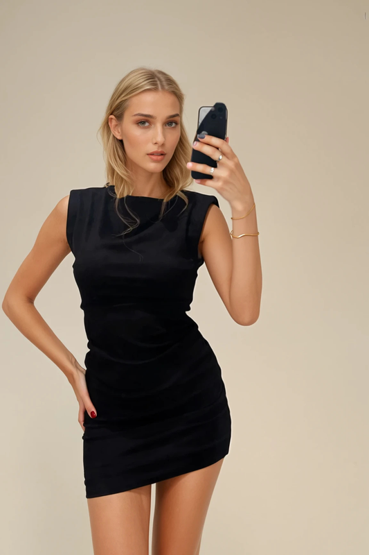 Black Suede High Neck Bodycon Mini Dress