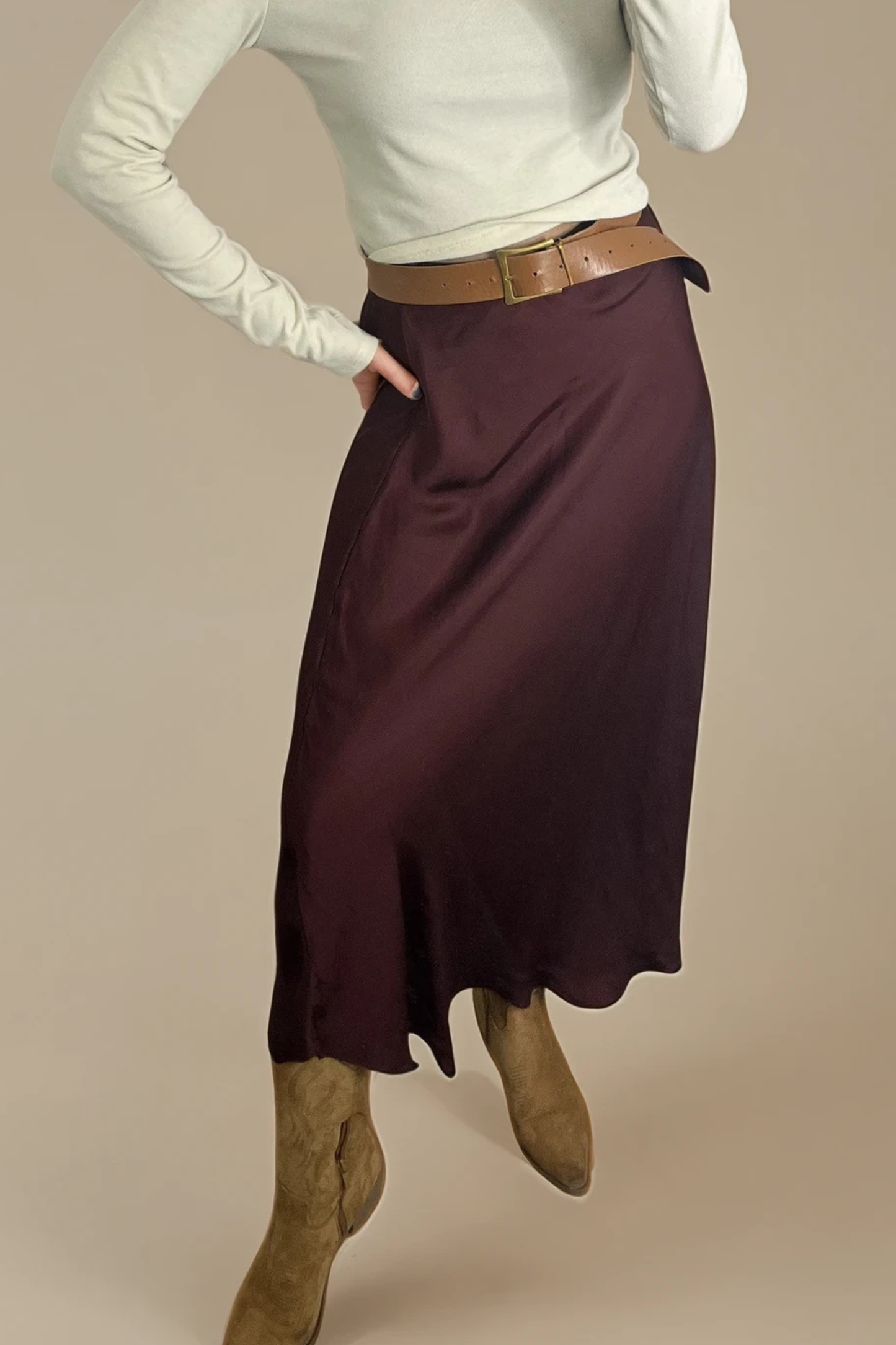 Satin Midi Skirt — Burgundy / Brown