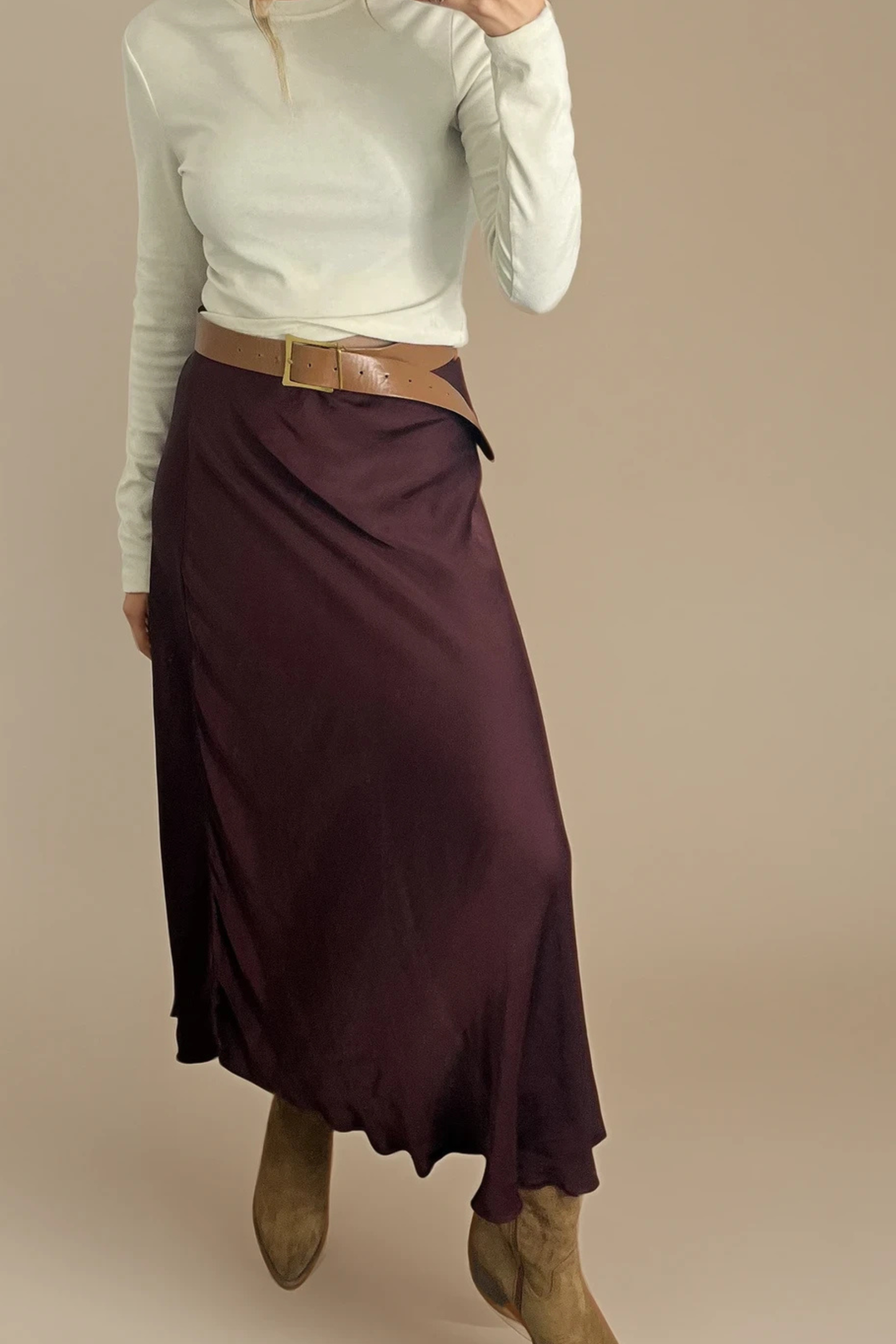 Satin Midi Skirt — Burgundy / Brown