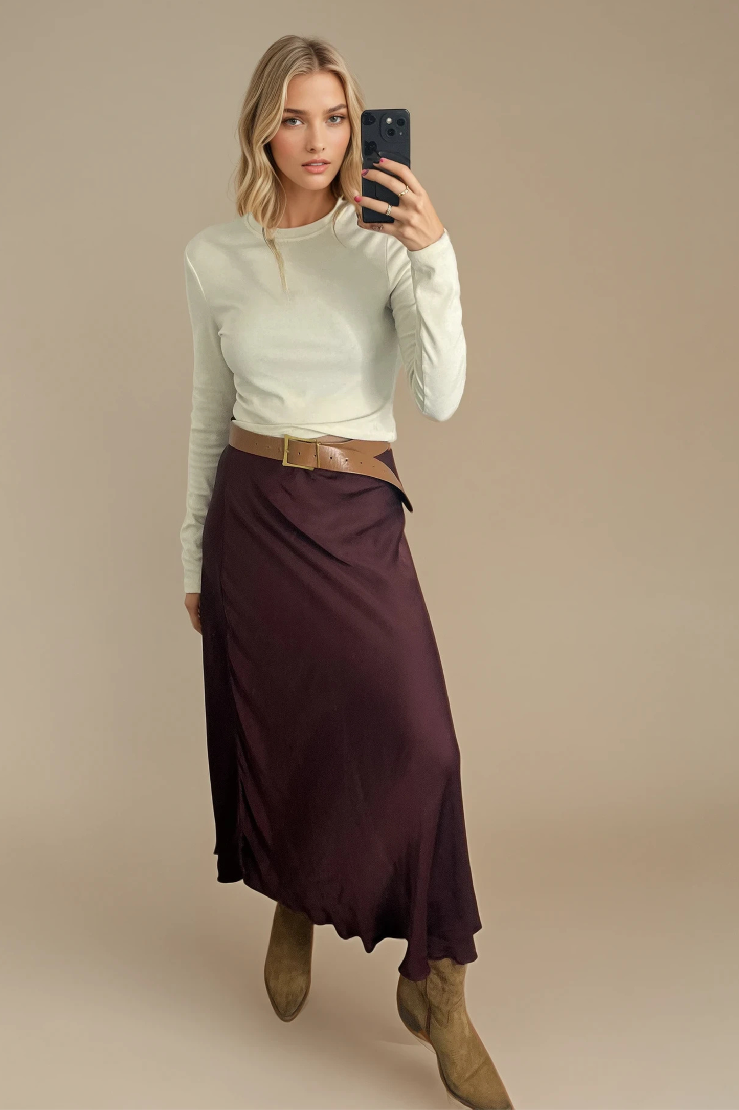 Satin Midi Skirt — Burgundy / Brown