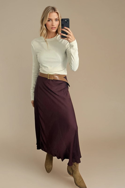 Satin Midi Skirt — Burgundy / Brown
