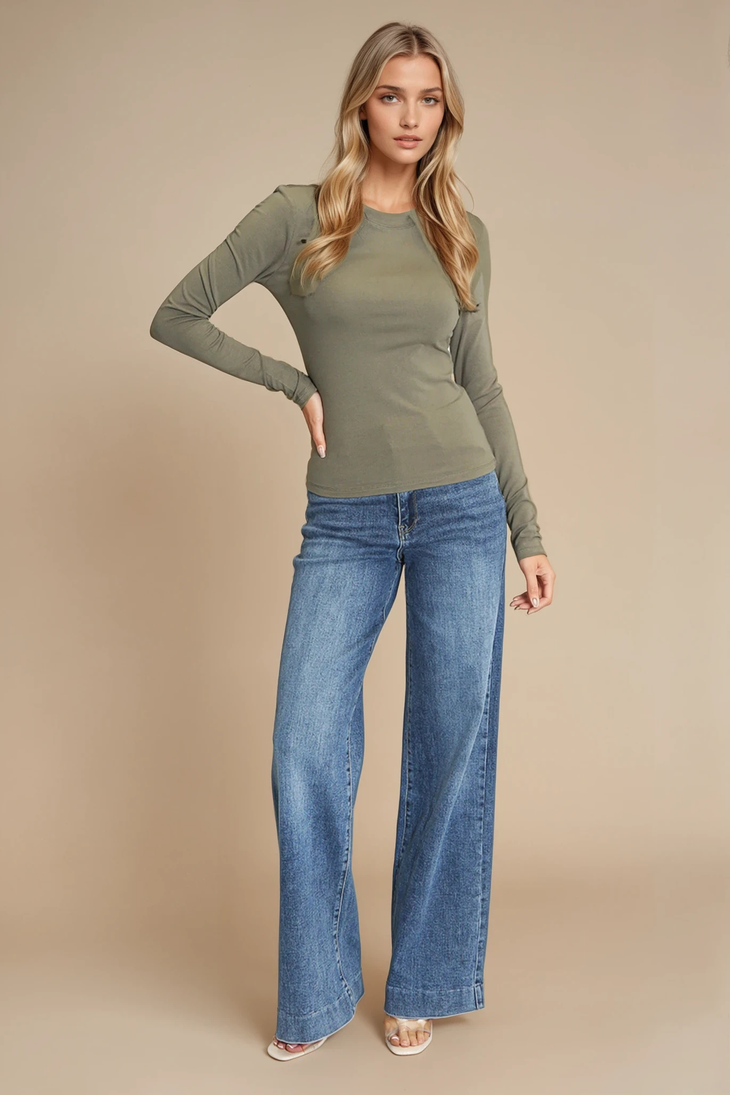 Essential Long Sleeve Round Neck Top — Black, Brown,Beige , Green