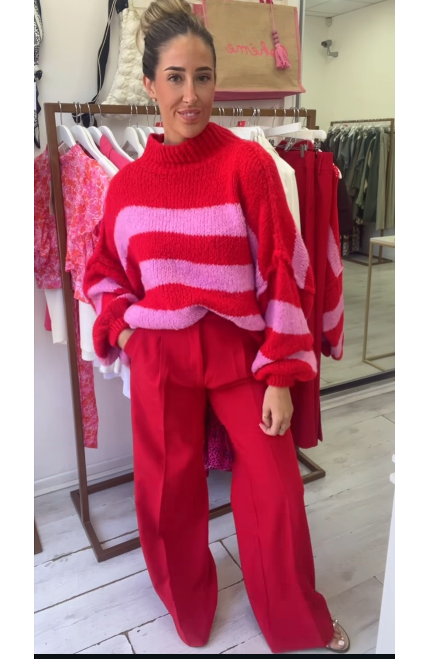 Red & pink stripe oversized high neck jumper