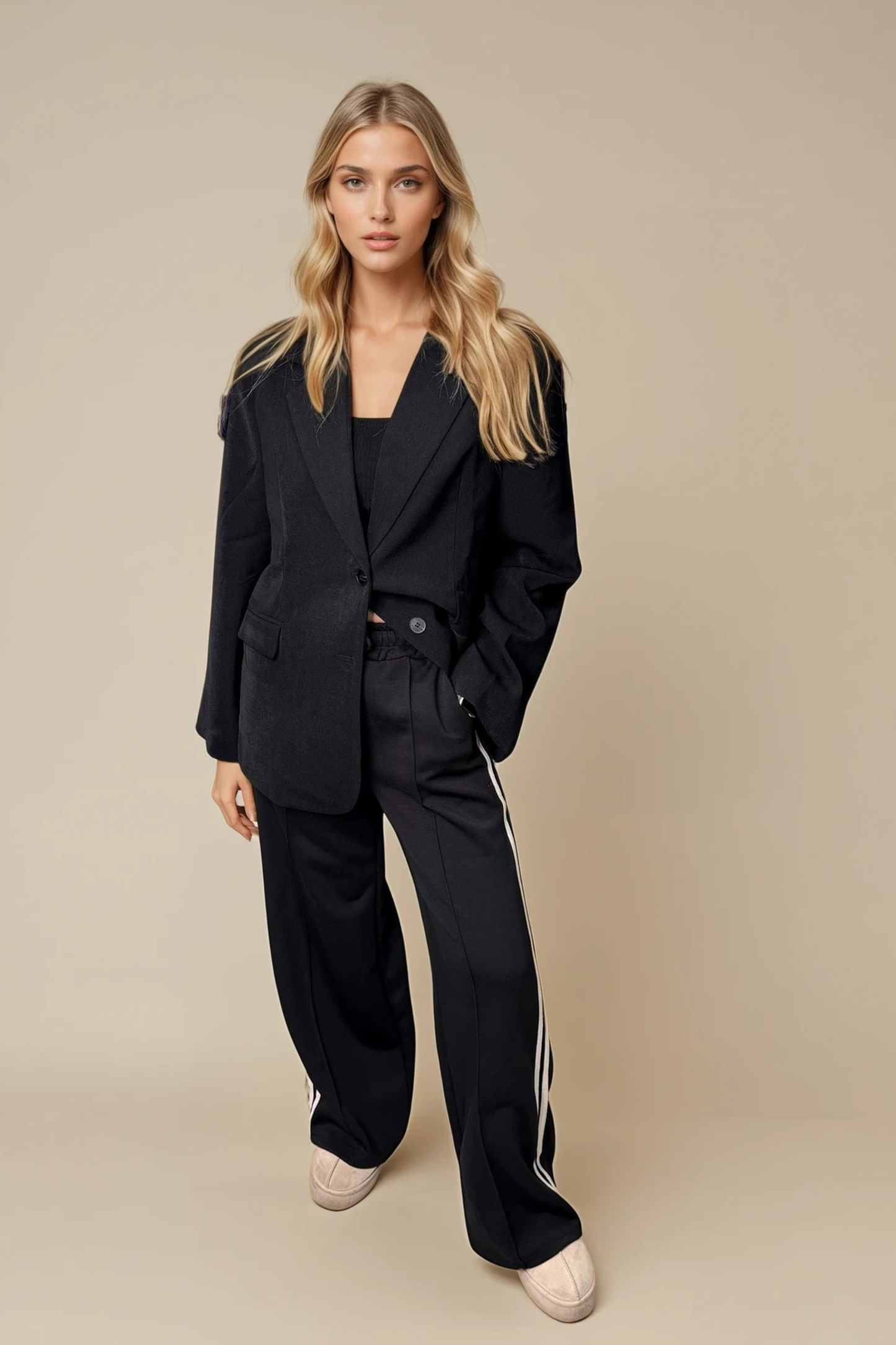 Black Floaty Trousers with Front Seam & Side Stripe Detail