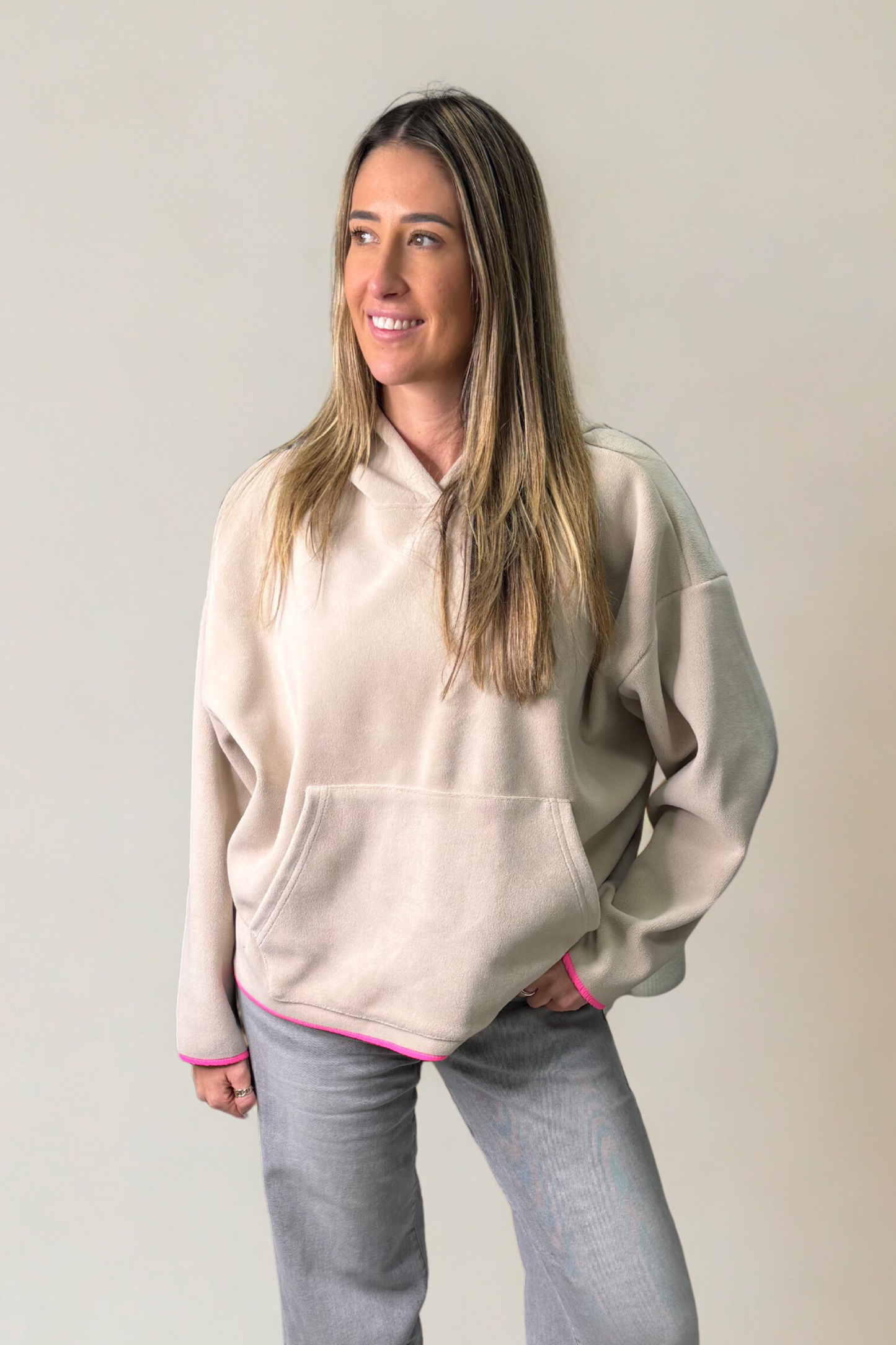 Cream Textured Hoodie with Neon Pink Trims & Pink Hood Lining