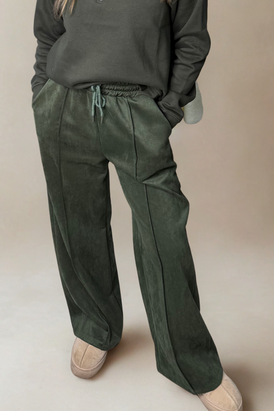 Khaki Faux Suede Trousers with Drawstring Waist