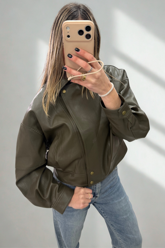 Khaki Faux Leather Jacket with Gold Press Stud Details