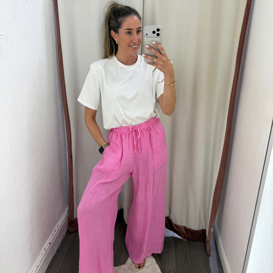 Pink Linen Wide-Leg Trousers
