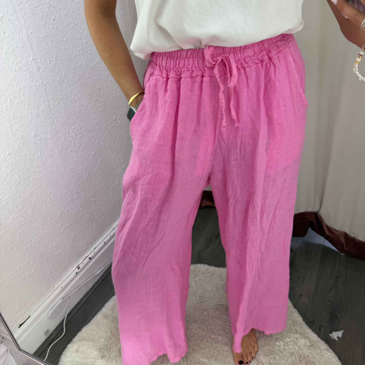 Pink Linen Wide-Leg Trousers