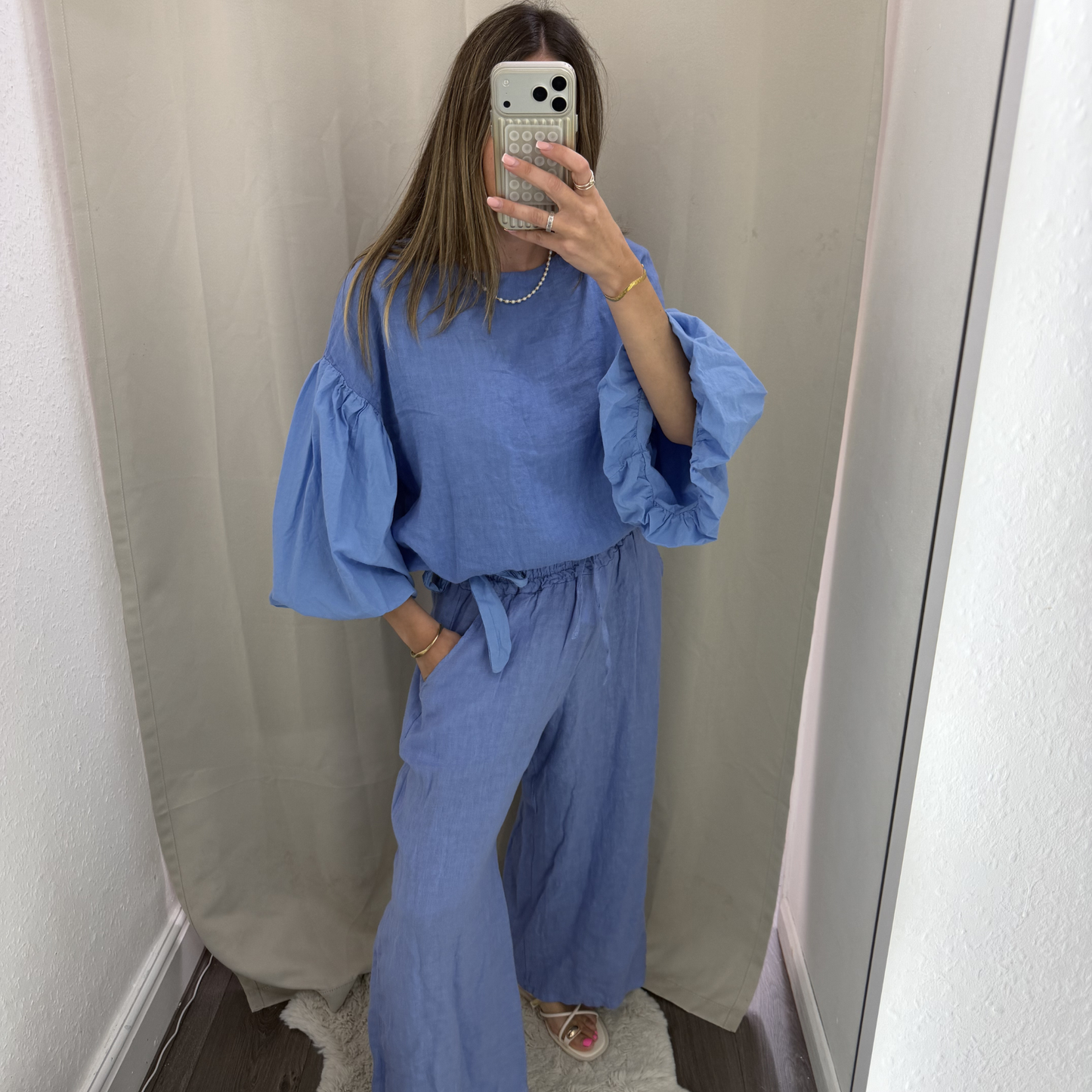 Blue Linen Blend Top with Functional Tie Waist