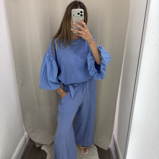 Blue Linen Blend Trousers with Elasticated Waist