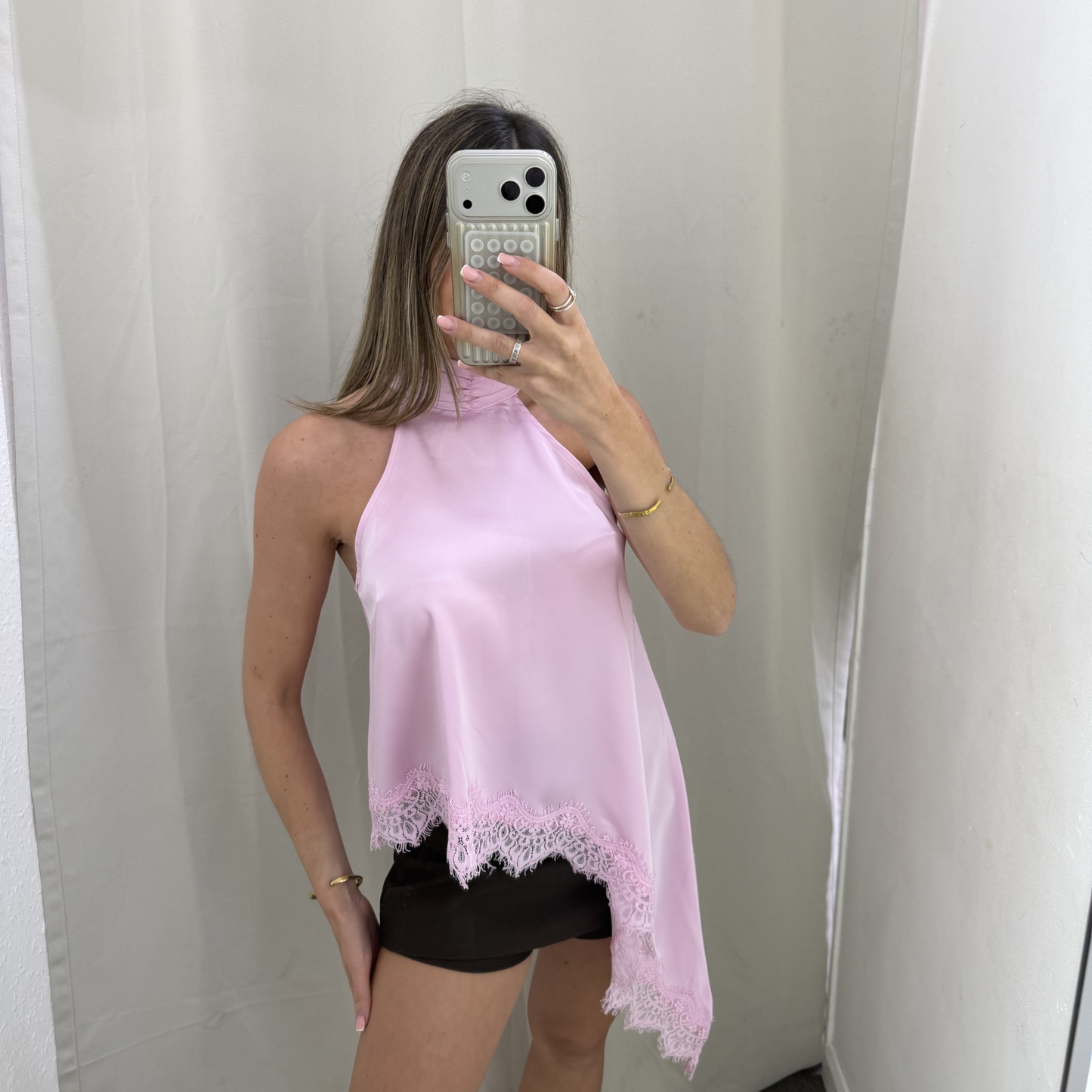 Blush Pink High Neck Lace Hem Top