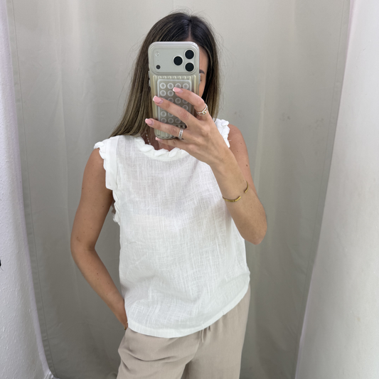 Linen Blend Frill Detail Top (White & Black)