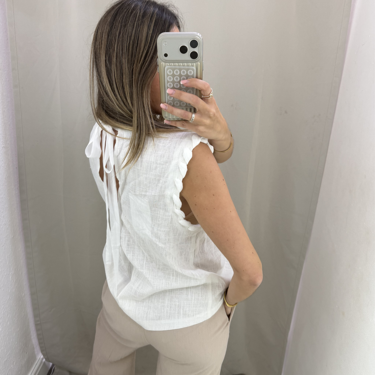 Linen Blend Frill Detail Top (White & Black)