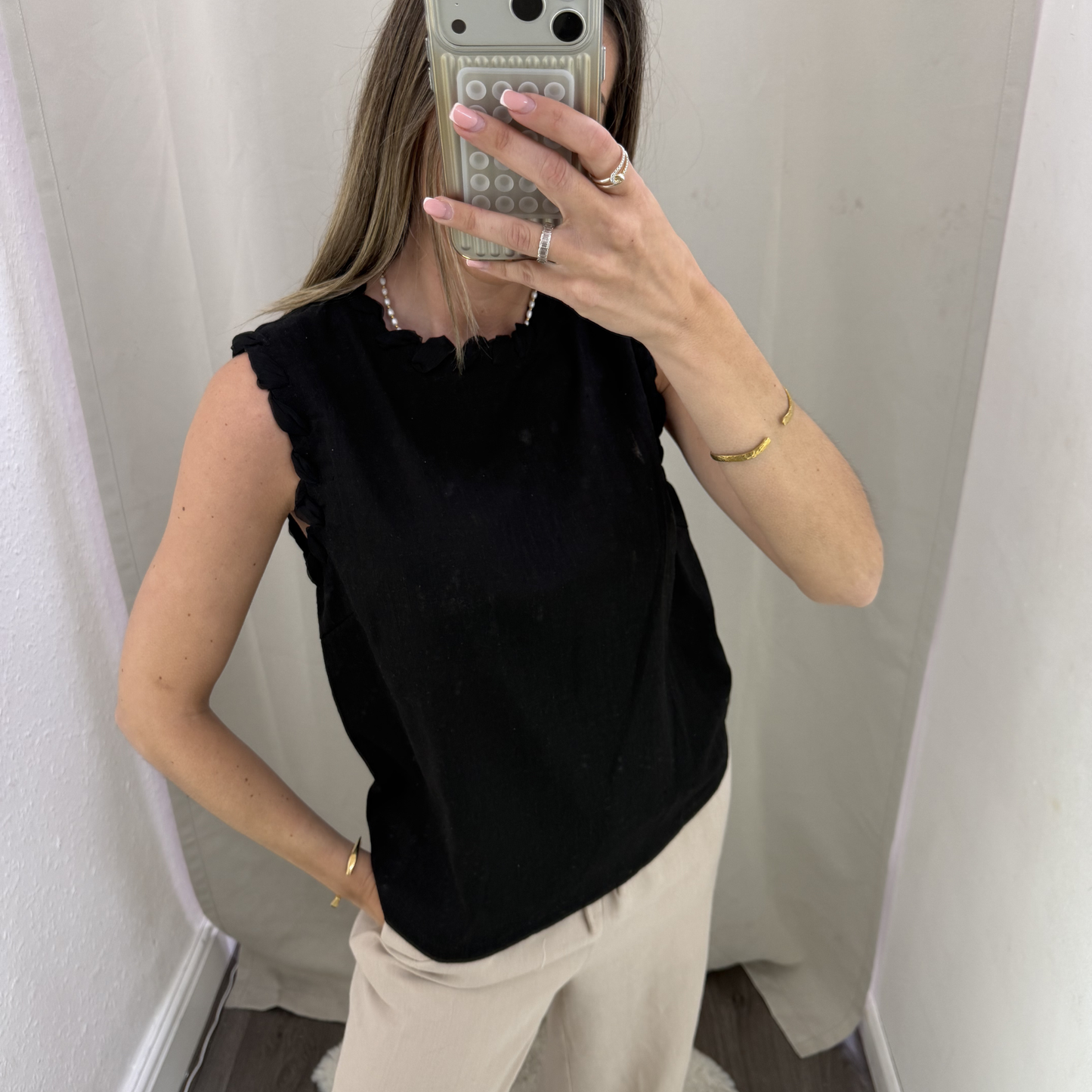 Linen Blend Frill Detail Top (White & Black)