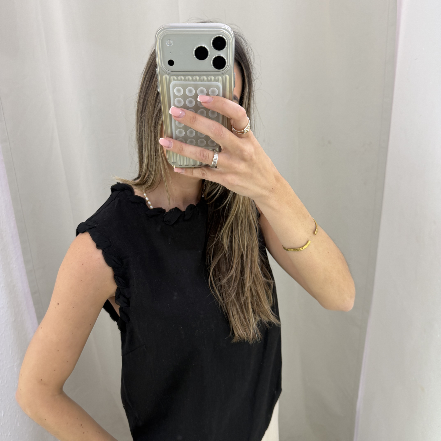 Linen Blend Frill Detail Top (White & Black)