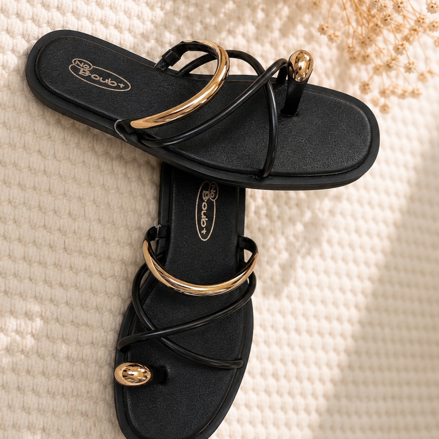 Black & Gold Detail Flat Sandals