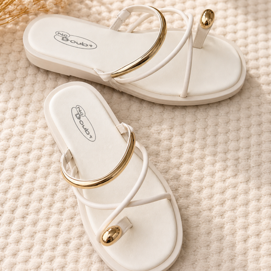 White & Gold Detail Flat Sandals